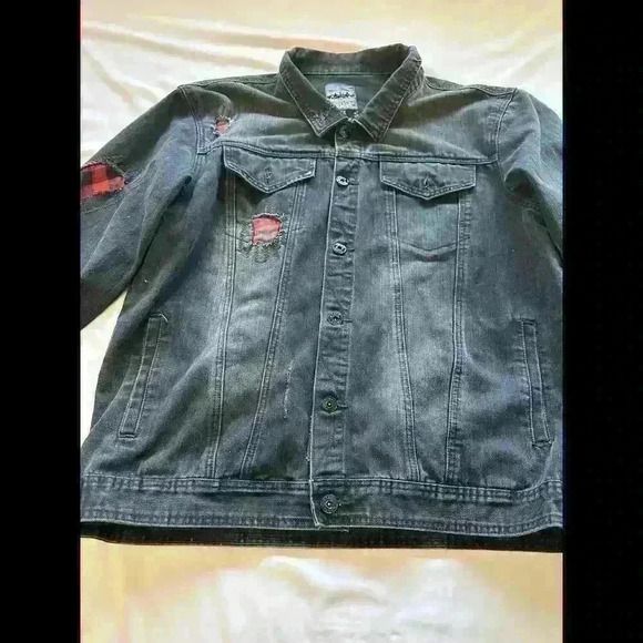 Trendy Krome designer Distressed Denim Jacket with Red Plaid Accents - Picture 3 of 7